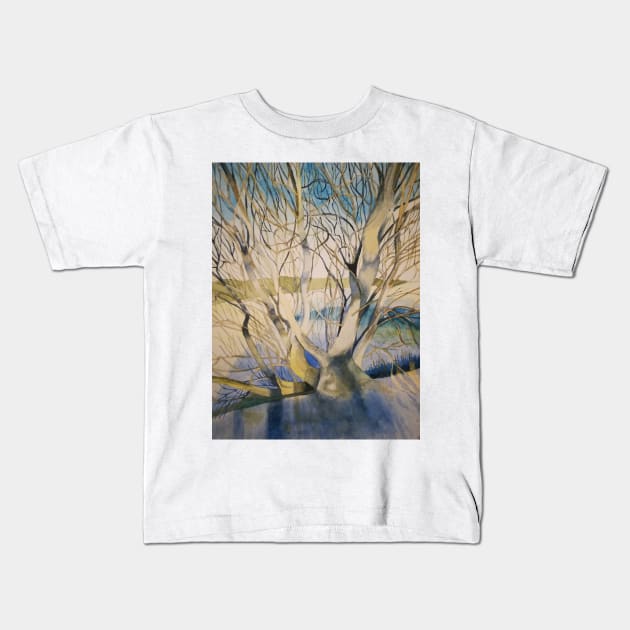 Winter tree in snowy landscape watercolour painting Kids T-Shirt by esvb